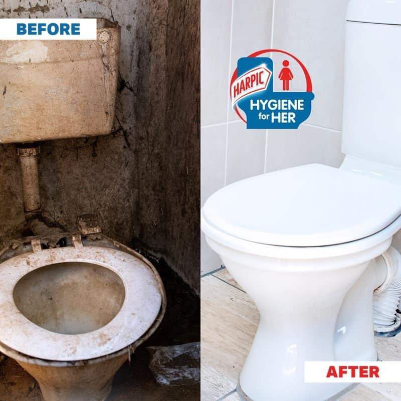 Split image of a filthy broken toilet beside a spotless new one under the Hygiene for Her mark
